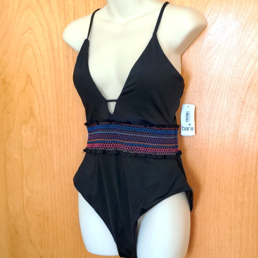 Bar III Black Smocking Solids Rainbow Deep-V One-Piece Swimsuit